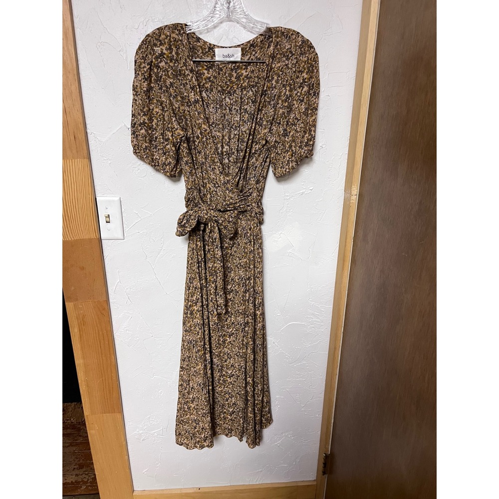 ba&sh Floral Print‎ Wrap Midi Dress Short Sleeve Belted V Neck Size 3/L